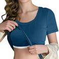 thumbnail image 2 of HomeDM Womens Short Sleeve T-Shirts Built-in Bra Crew Neck Solid Color Basic Tees Workout Crop Tops - Blue/L, 2 of 9
