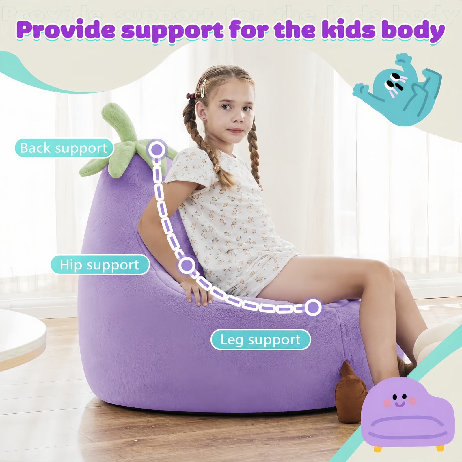 Kelno 24" Kids Bean Bag Chair Faux Rabbit Fur Lazy Chair Toddler Couch, Purple