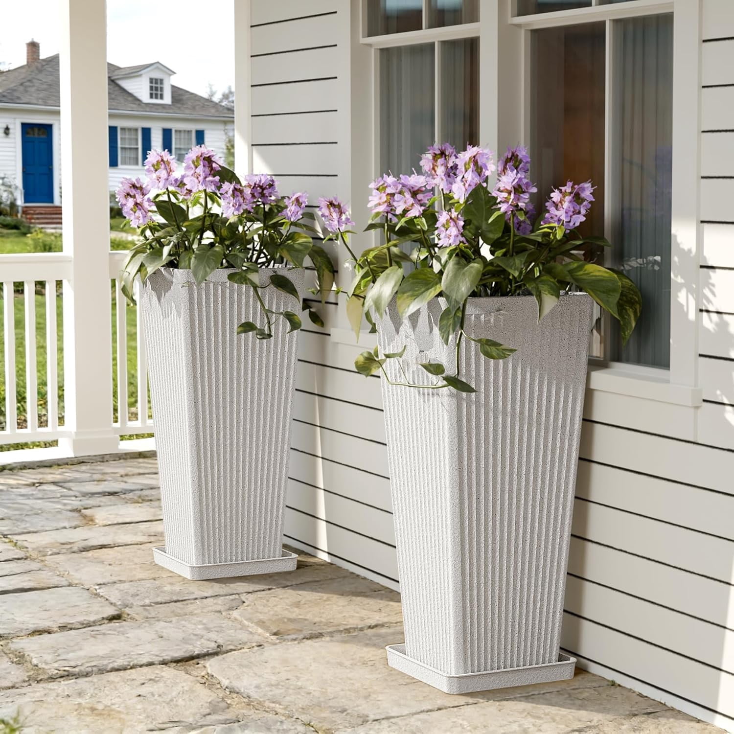 TOPCOMFY Tall Planters for Outdoor Plants Set of 2, 23.6" Modern Tapered Indoor Flower Pots with Drainage Holes/Partition/Tray for Porch Patio Garden, White