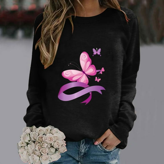 CLOISE Breast Cancer Sweatshirt Women Breast Cancer Fight Sweatshirts Butterfly Ribbon Oversized Crewneck Long Sleeve Blouses Cancer Survivor Gifts Tops Comfort Pullover Hoodie Fall Outfits Black XL