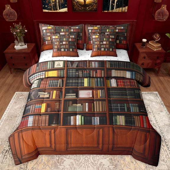 jejeloiu Retro Library Bookcase 7-Piece Twin Bedding Sets,Vintage Books Bedding Comforter Set,Brown Bookshelf Sheet Sets For Men Women,Breathable Home Decor Reversible