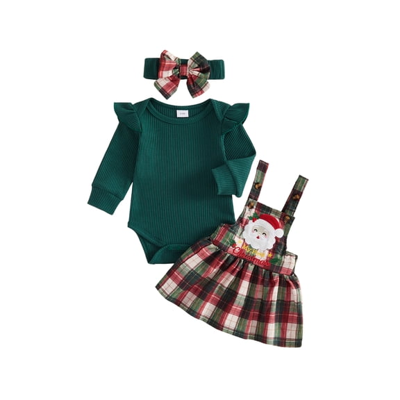 Loicainy Infant Baby Girl Christmas Outfit 3 6 12 18 Months Long Sleeve Romper and Overall Dress Headband Clothes Set