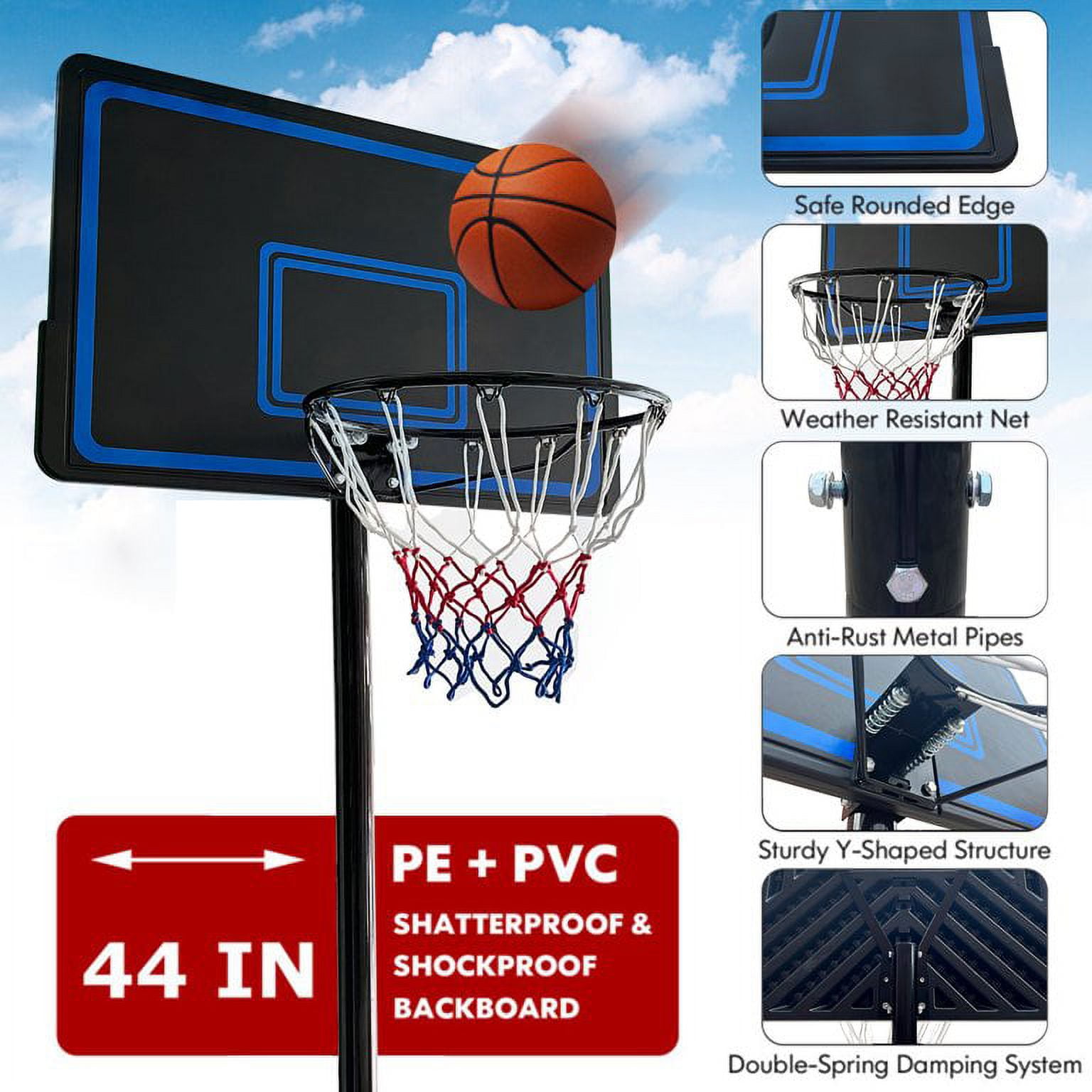 Vebreda 44" Adjustable Portable Basketball Hoop with 7.5 - 10 ft. Height Adjustable for Outdoor Indoor Court, Blue