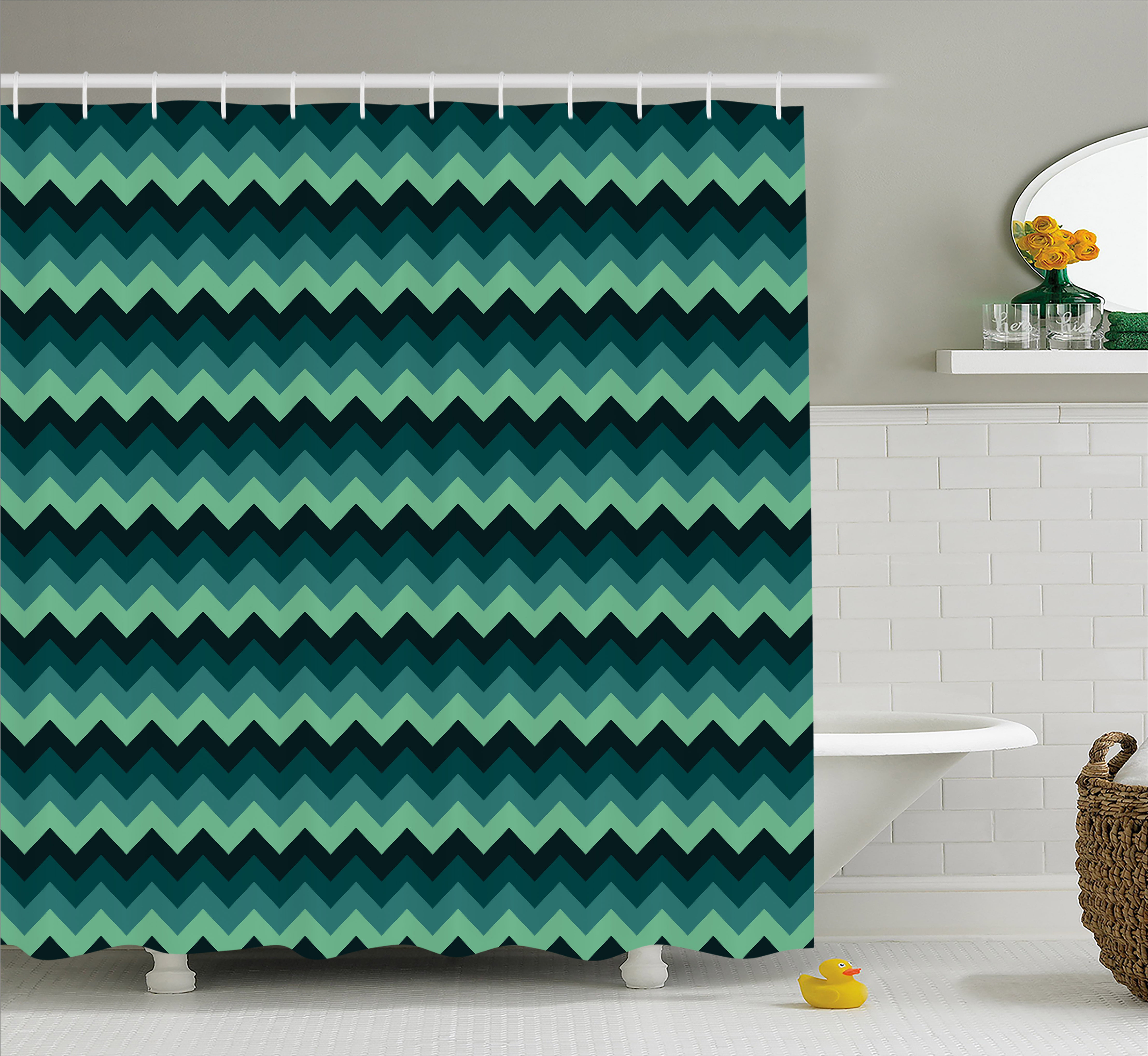 Teal Shower Curtain, Expressionist Chevron Style Pattern Geometric ...