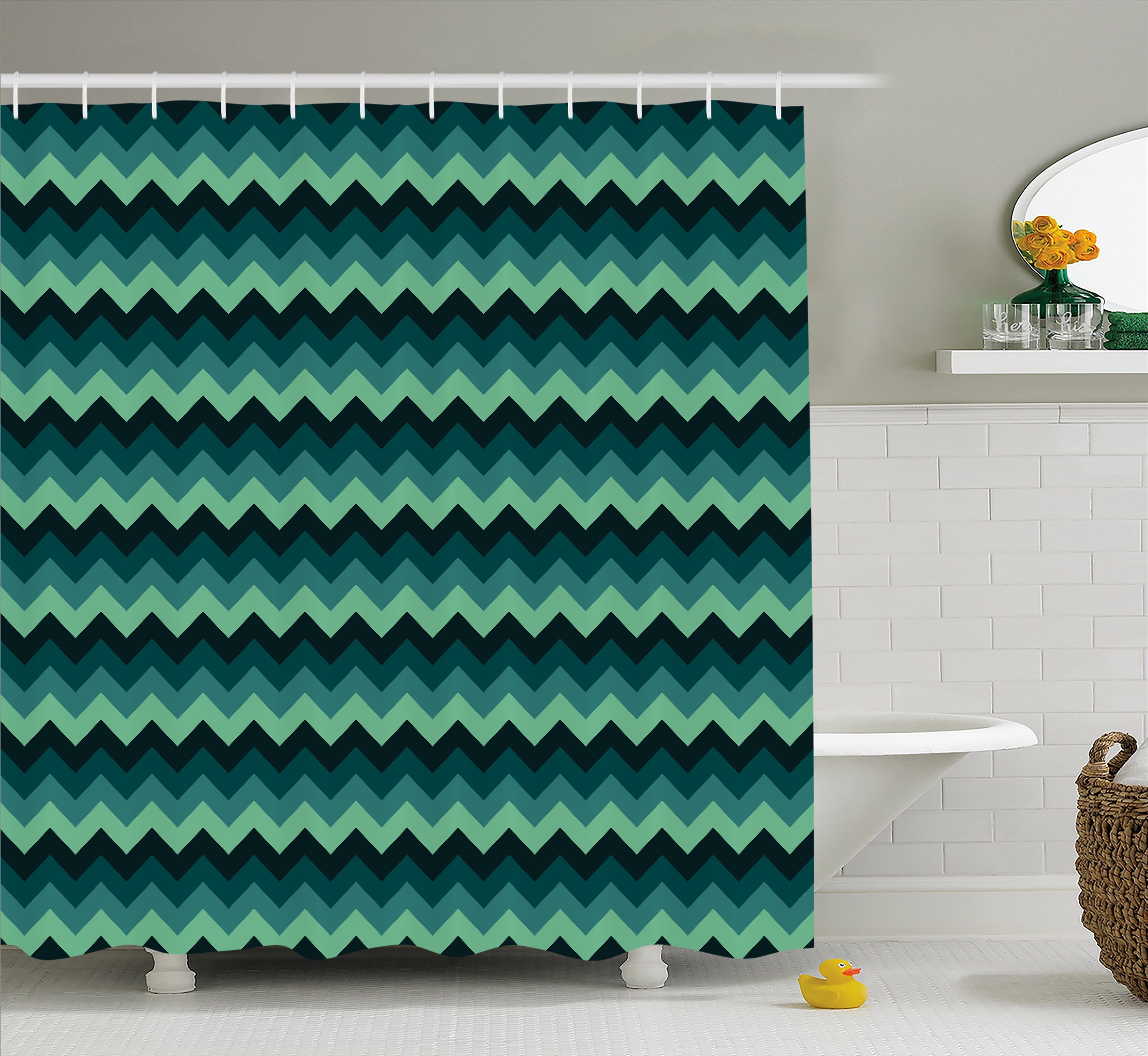 Teal Shower Curtain, Expressionist Chevron Style Pattern Geometric