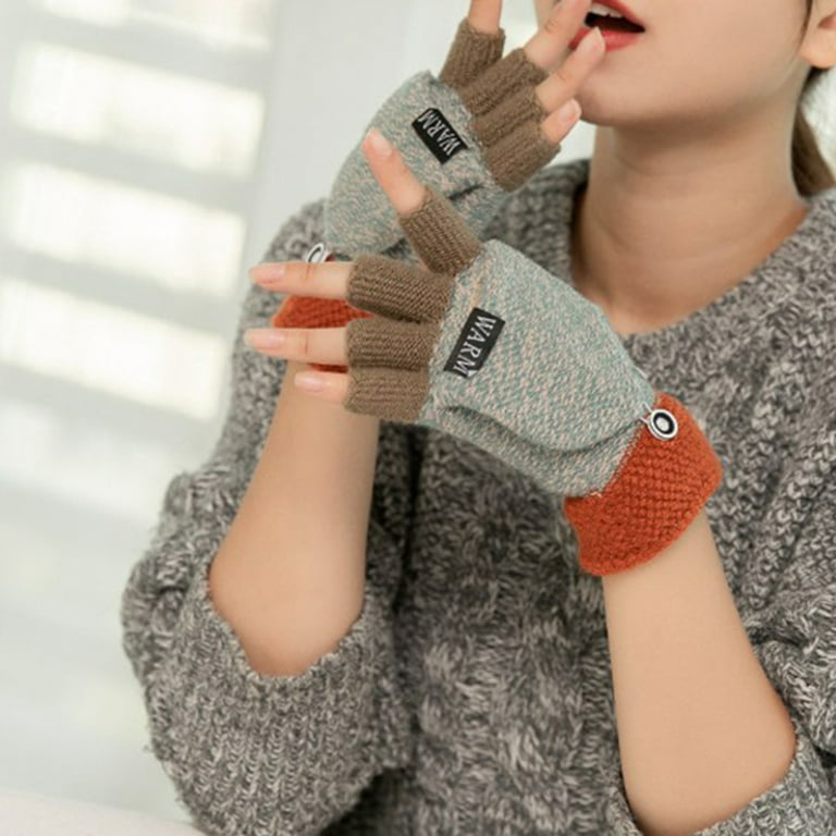 Biplut 1 Pair Women Gloves Half Finger Flip Fuzzy Solid Color
