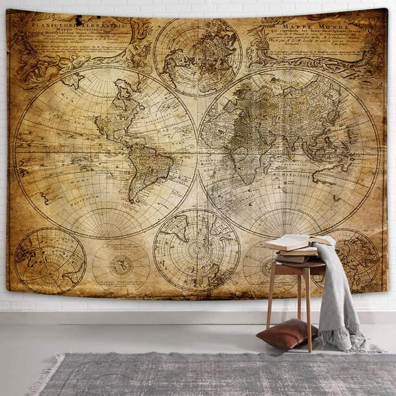Lacoiime Vintage World Map Wall Tapestry, Old Nautical Map Tapestries Wall Art, Nostalgic Style Art Historical Atlas Vintage Design, Wide Wall Hanging for Bedroom Living Room Dorm, Pale Brown