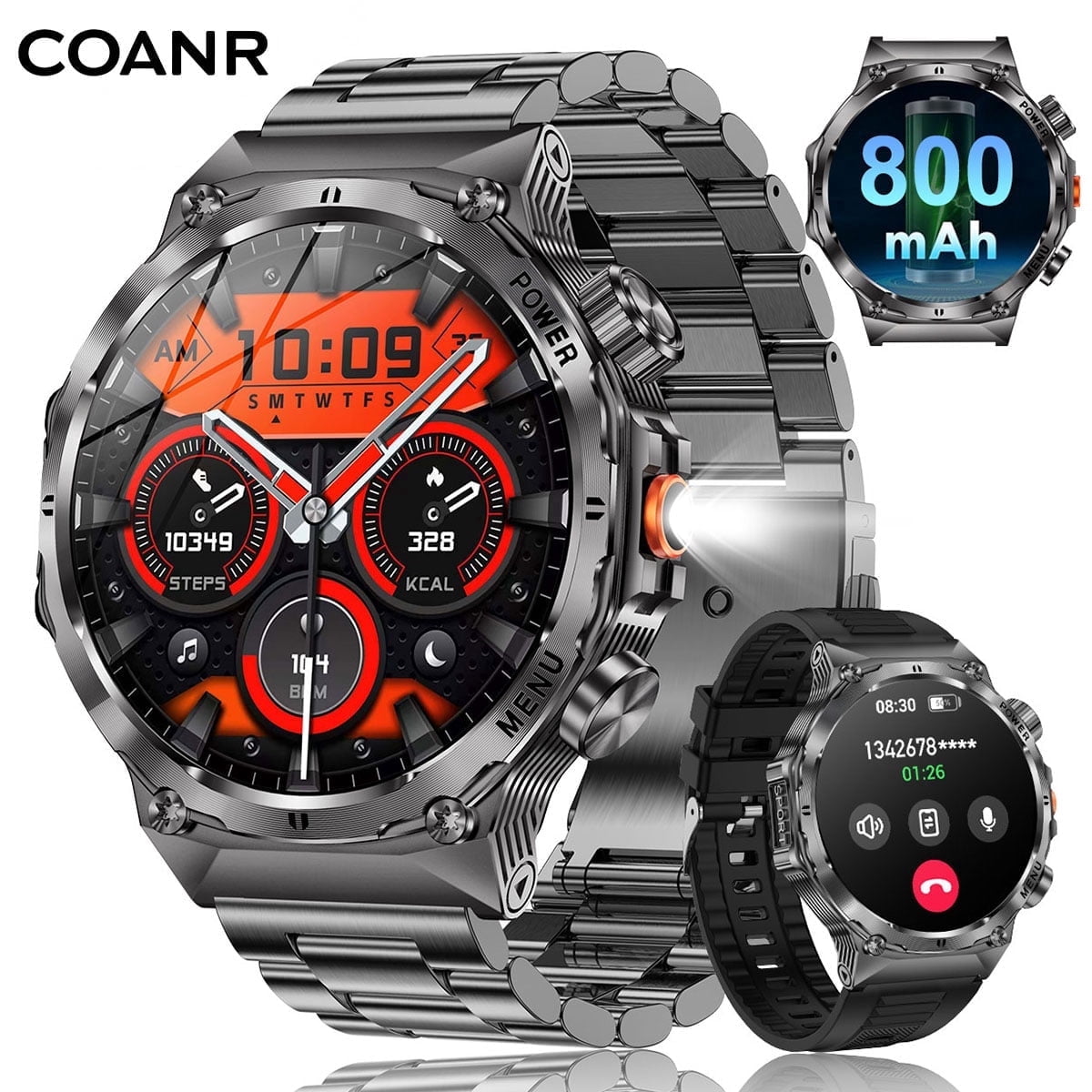 COANR Active 3 Men's Military Smartwatch, 1.7" AMOLED, Flashlight, 800mAh Battery, IP68, Suitable for Android and Iphone, Black