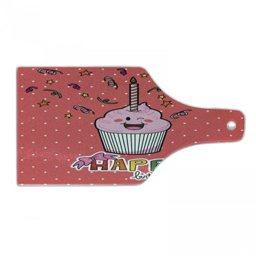 Birthday Cutting Board, Pink Strawberry Flavor Cupcake Candle Face Bow Tie and Dots, Decorative Tempered Glass Cutting and Serving Board, Wine Bottle Shape, Multicolor, by Ambesonne