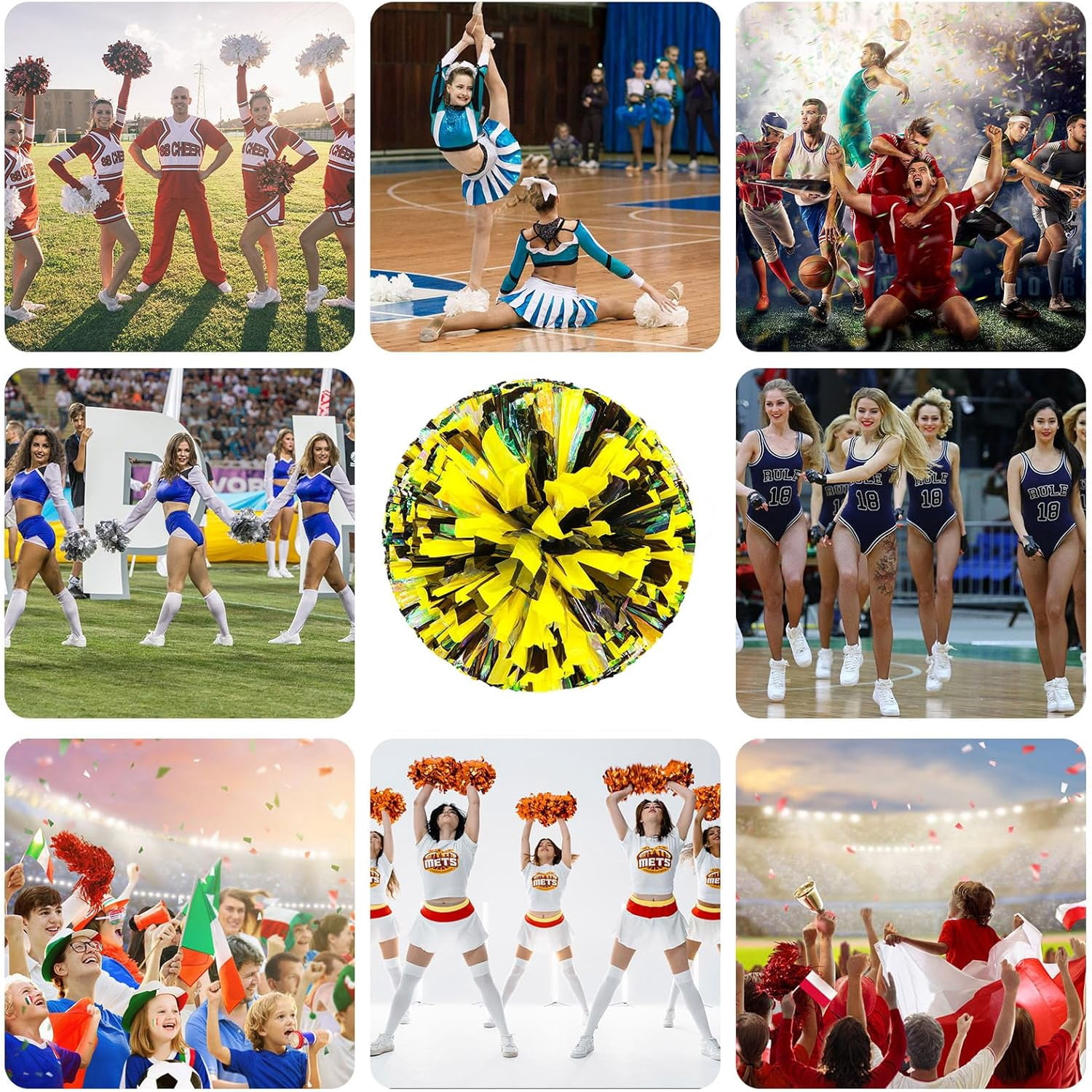 8 Pcs pom poms Cheer,pom poms Cheerleading with Finger Holes Metallic Foil Cheer Pom Pomsfor Dance, Matches (Black Red Silver)