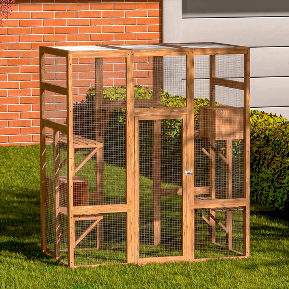 Kadyn Wooden Outdoor Cat Cage, Wooden Indoor Outdoor Cat Cage, Large Wooden Cat Cage with Top Sun Panel, Perch, Sleeping Box, Large Cat House with Perch, Orange Kadyn Wooden Outdoor Cat Cage, Wooden Indoor Outdoor Cat Cage, Large Wooden Cat Cage with Top Sun Panel, Perch, Sleeping Box, Large Cat House with Perch, Orange