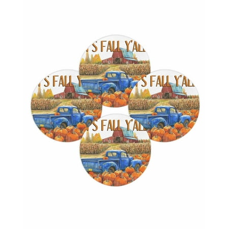 Fall Round Placemats Set of 4 Farmhouse Pumpkin Plant Place Mats Thanksgiving Woven Placemat Retro Truck Tree White Circle Braided Table Mat for Kitchen Dining Table Autumn Party Home Decor 15 Inch