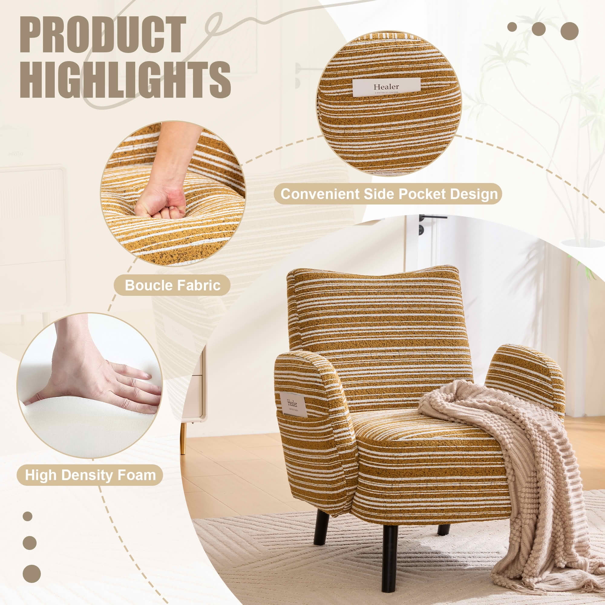 MAYEERTY Modern Boucle Armchair with Side Pocket & Wood Legs, Mustard yellow, for Living Room Bedroom Office
