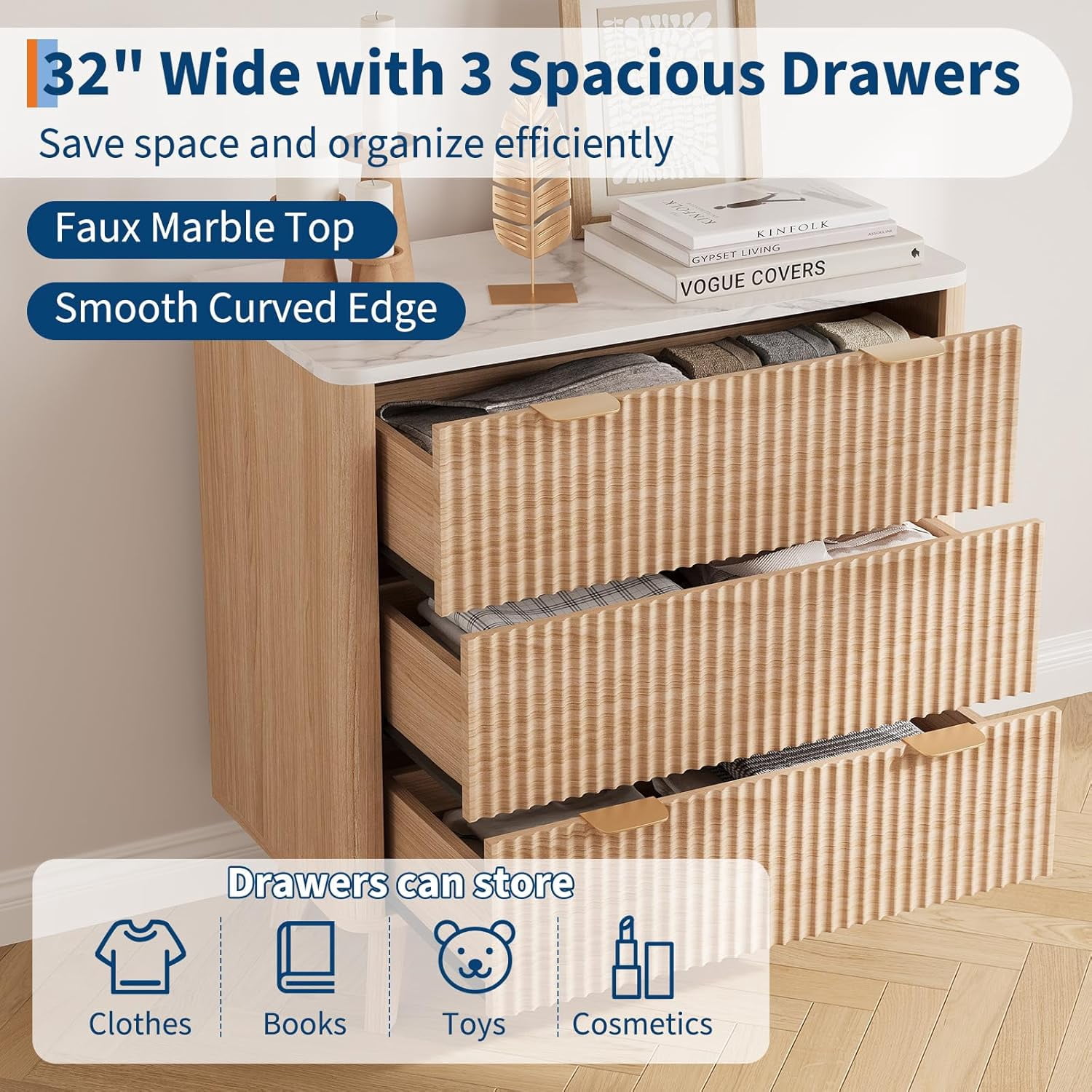 Garvee Farmhouse Nightstand for Living Room, 32" x 15.7" x 32", with 3 Drawers, Oak