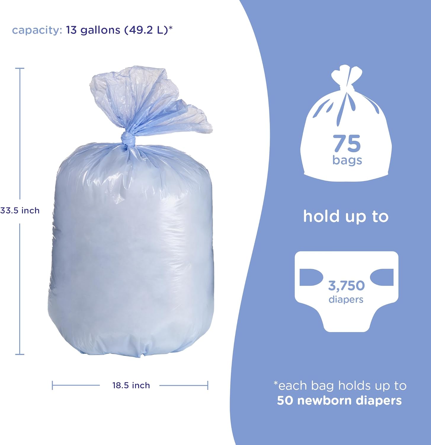 Diaper Pail Plastic Bags, Disposable Baby Waste Bags, 3 Pack, 75 Count, 13-Gallon Bags