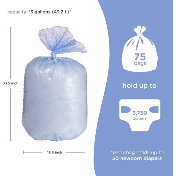 Diaper Pail Plastic Bags, Disposable Baby Waste Bags, 3 Pack, 75 Count, 13-Gallon Bags