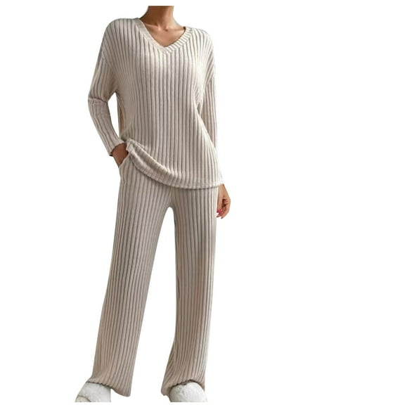 zfwon Lounge Wear Sets for Women 2 Piece Co Ord Set Ladies Knit Outfits Pyjamas Set V Neck Long Sleeve Jumpers and Wide Leg Trousers with Pockets Homewear Sleepwear Nightwear