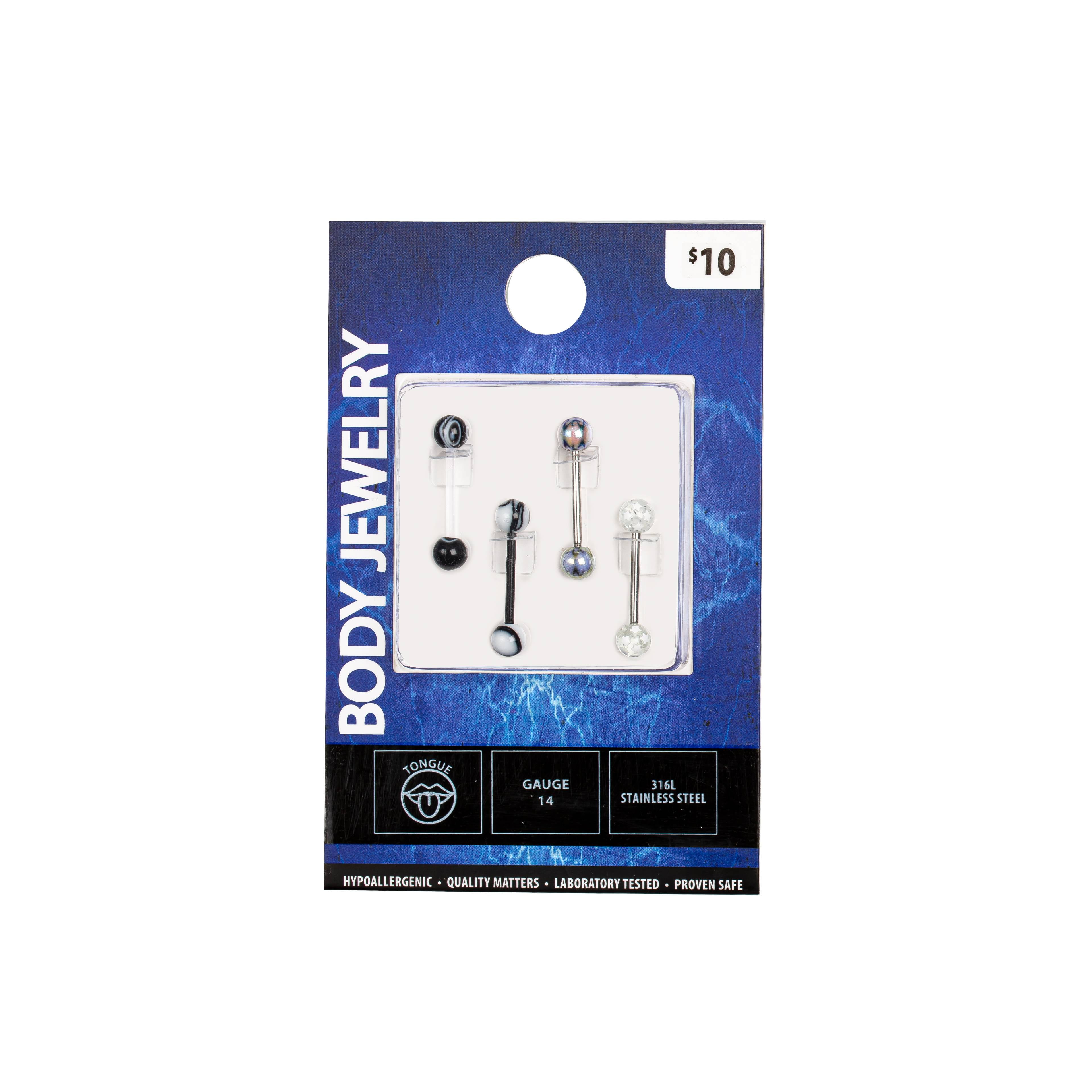 Body Jewelry 14G Assorted Black & White Barbell Tongue Ring Set, 4 Pack
