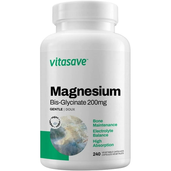 Vitasave Pur Bis-Glycinate de Magnésium 200mg 240 Gélules - Puissance Maximale - Absorption Supérieure - Maintenir des Os et des Dents en Bonne Santé - Favoriser la Relaxation et le Sommeil - Supplément de Glycinate de Magnésium