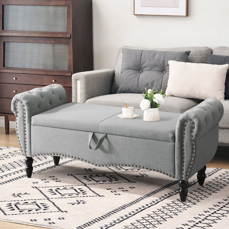 Furniliving Storage Bench with Button Tufting, Light Gray photo 1