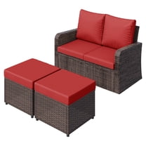 Homrest Outdoor Patio Couch Sofa, All-Weather PE Wicker Loveseat Couch, Outdoor Seating Patio Furniture Sofa with Ottoman & Cushions, Modern Garden Furniture for Deck, Balcony, Porch(Wine Red)