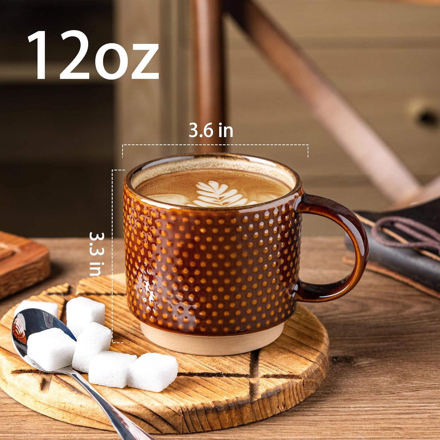 AmorArc 12OZ Stackable Coffee Mugs, Ceramic Coffee Cups with Texture Patterns for Man,Woman,Dad,Mom, Modern Coffee Mugs Set of 4 for Latte/Cappuccino/Cocoa. Dishwasher&Microwave Safe, Caramel