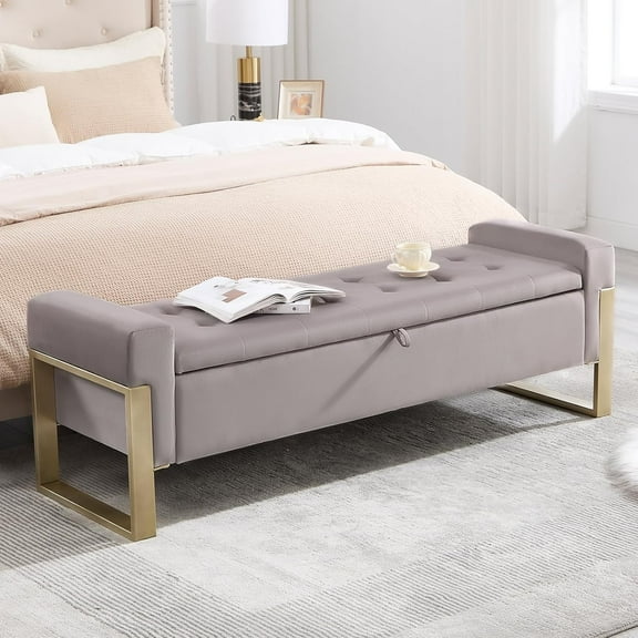 End of Bed Storage Bench, 67'' Benches for Bedroom Foot of Bed King Size, Upholstered Velvet Storage Ottoman Bench with Gold Legs for Window Living Room Entryway, Khaki Grey