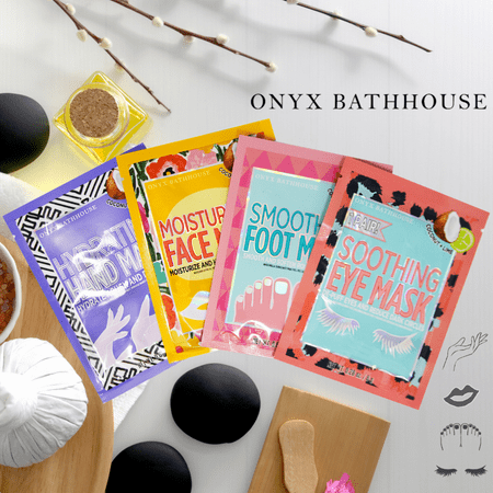 Onyx Bathhouse 4 PC Total Body Spa Set, Hand Peel Mask, Foot Mask, Under Eye Mask, and Face Spa Mask