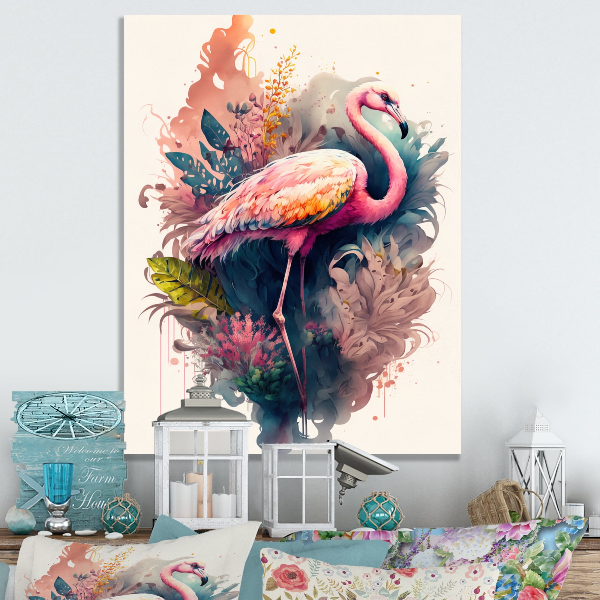 Designart Stunning Flamingo Floral Art III Canvas Wall Art