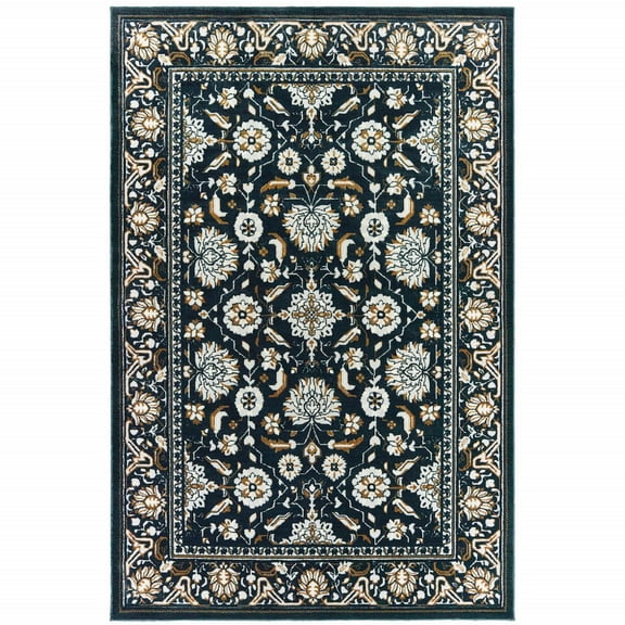 HomeRoots 8' X 11' Navy Caramel And Ivory Oriental Power Loom Stain Resistant Area Rug