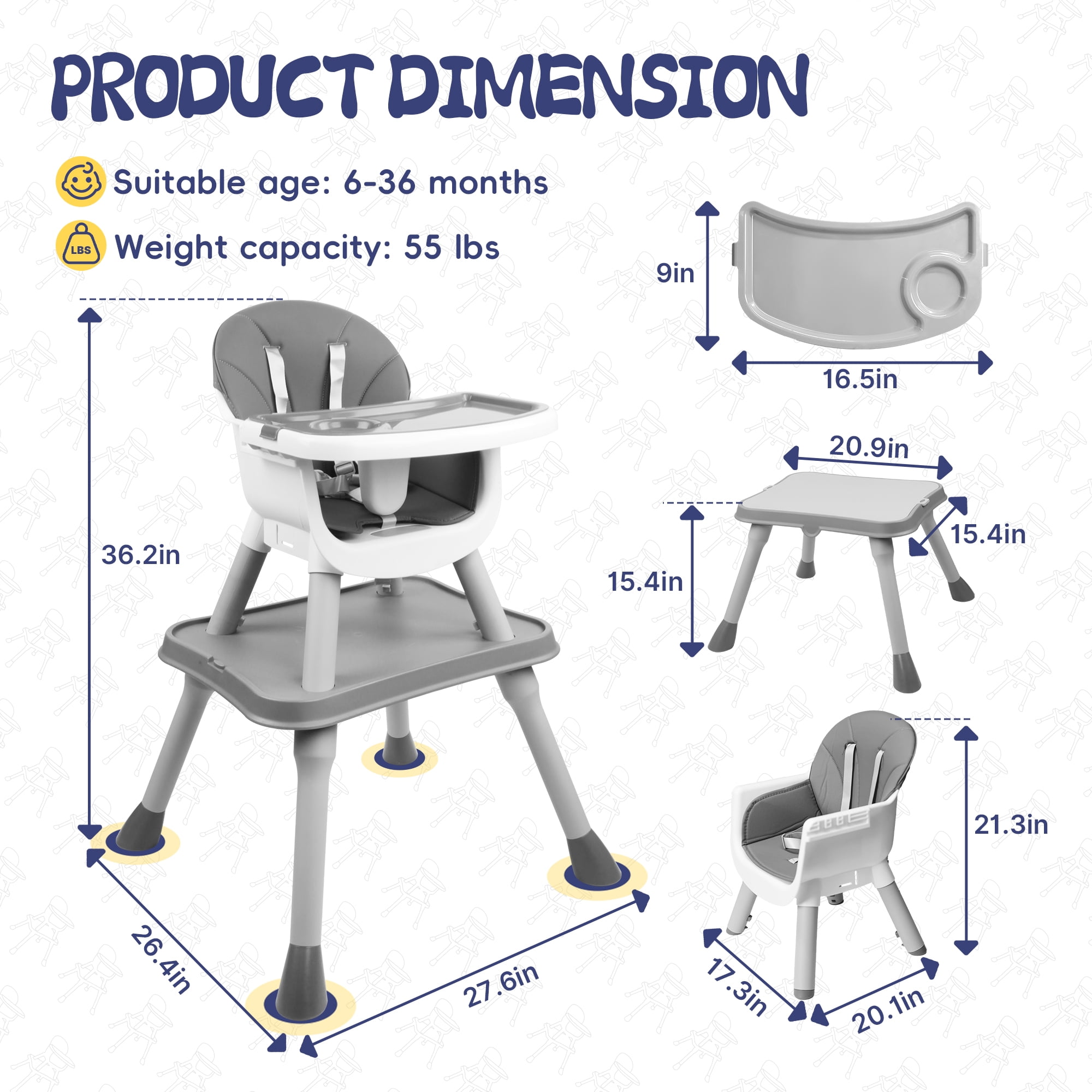 4 in 1 Baby High Chair, Toddler Chair with Removable Tray, Convertible High Chairs for Babies and Toddlers, Kids Learning Table, Building Block Table, Dining Booster Seat with Safety Harness, Gray