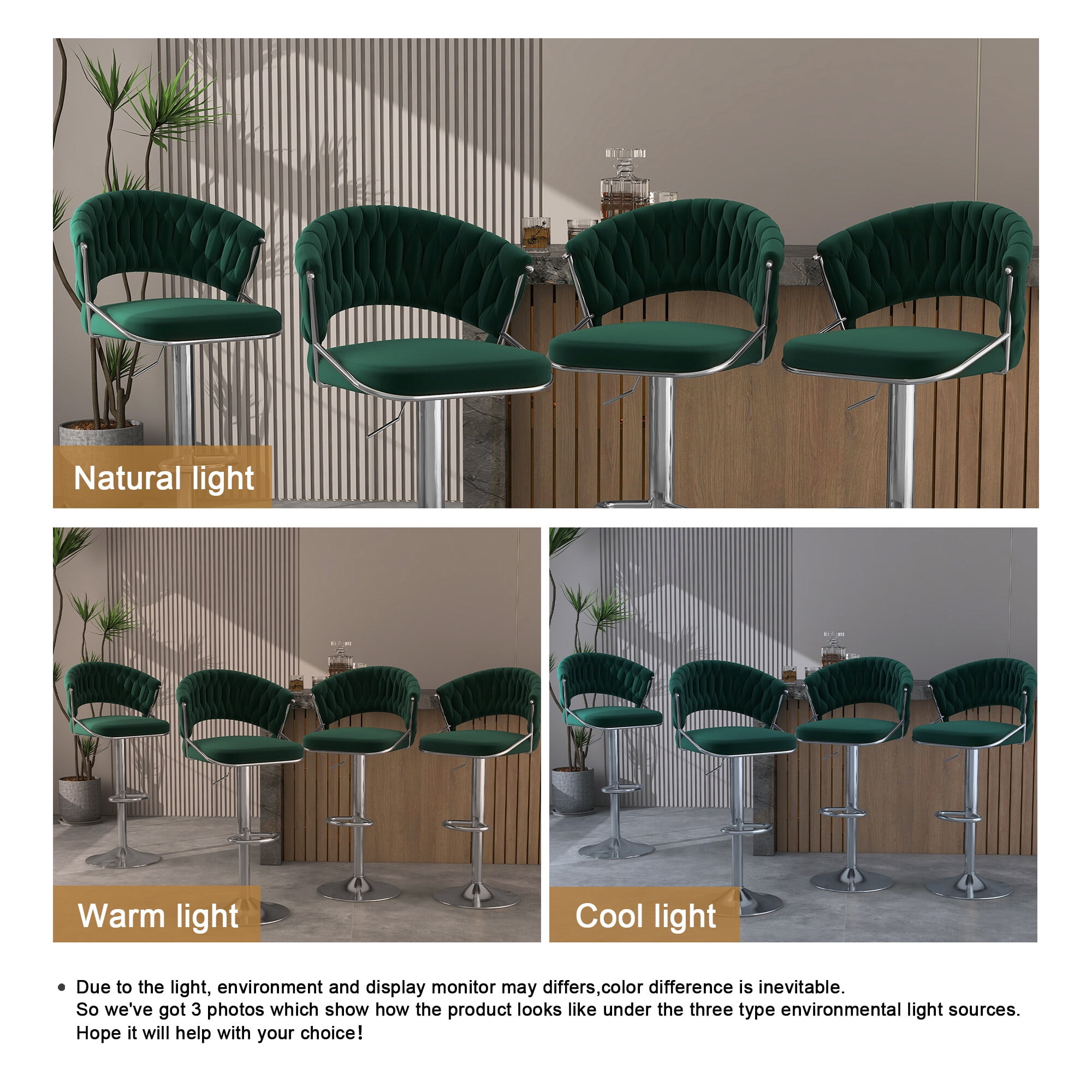 UIXE Green Velvet Bar Stools Set of 4 Modern High Back Swivel Barstool for Kitchen Counter Square Island