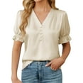 thumbnail image 2 of Juniors T-Shirts Fashionable Satin V Neck Pleated Button Short Sleeved Shirt with Ruffled Edges T Shirts for Women, 2 of 6