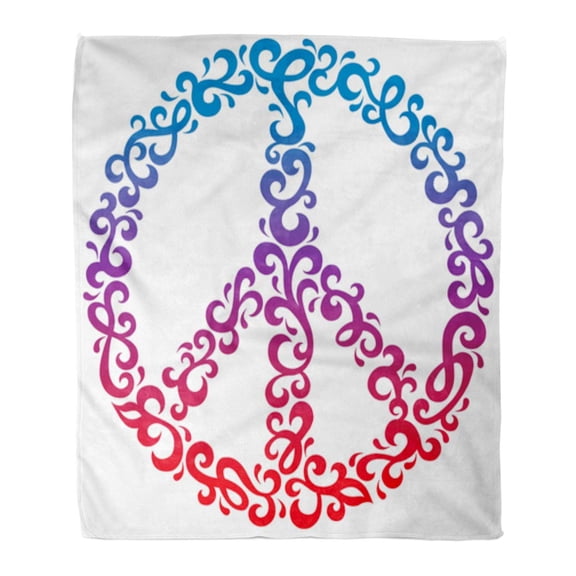 SIDONKU Flannel Throw Blanket Colorful Sign Floral Peace Symbol in Retro 1960S 70S Soft for Bed Sofa and Couch 50x60 Inches