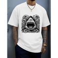 thumbnail image 2 of Men's Ferocious Shark Woodcut Graphic T-Shirt, Cotton Crew Neck Short Sleeve Loose Casual Tee, Retro Ocean Art Printed Shirts, S, 2 of 9