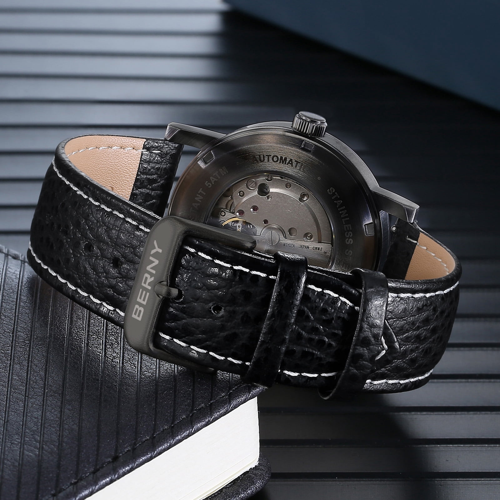 BERNY Automatic Watches for Men, Luxury Self Winding Mechanical Dress Leather Watch with Date, Sapphire Crystal, Luminous, Stainless Steel, 50M Waterproof, Minimalist Mens Watches (Black)