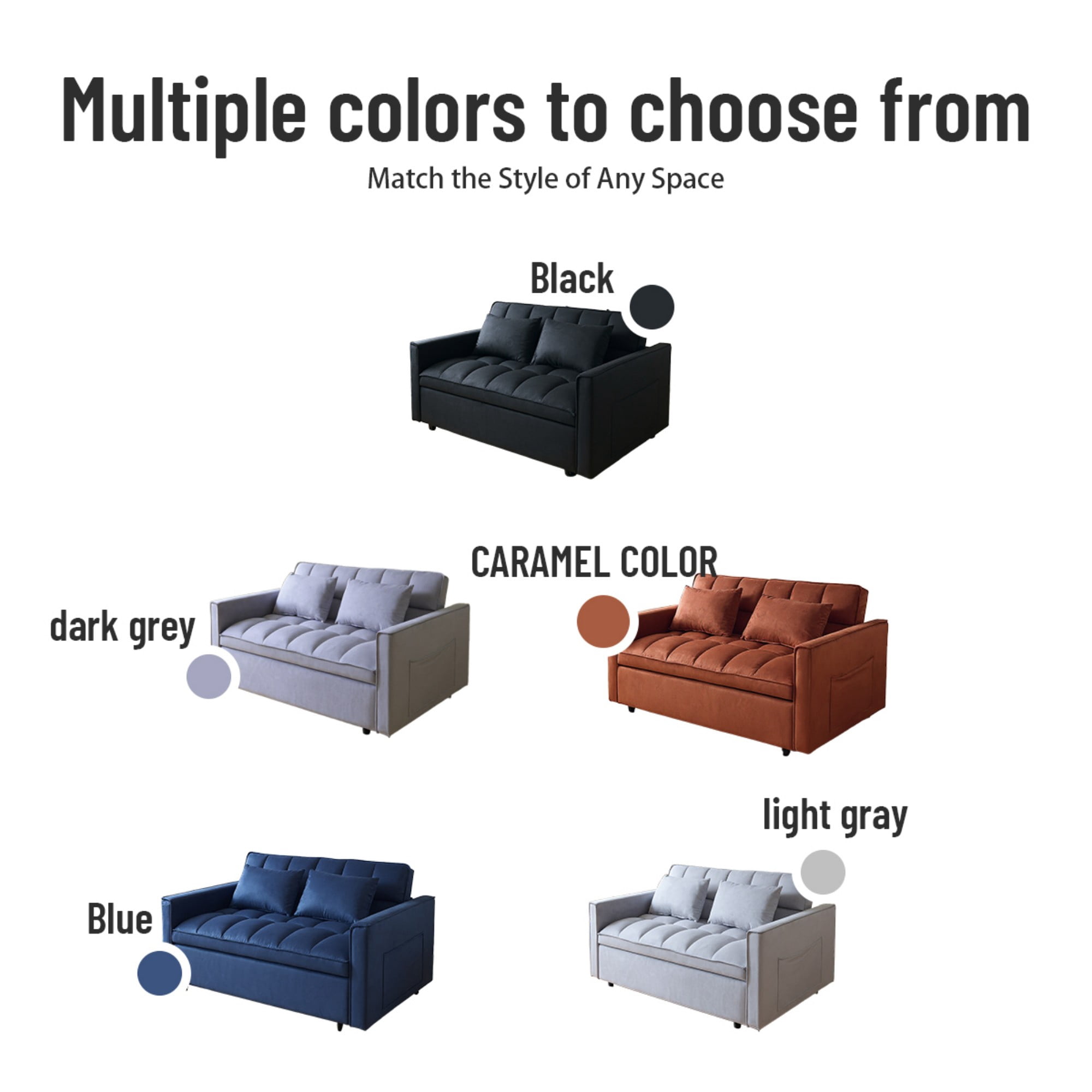 BSHTI 51.1" Pull-Out Sleeper Sofa Bed, Twin-Size Fold Out Sleeper, With 3 Angles Backrest Reclined, Velvet Upholstery, Side Storage Pocket and Two Pillows, Black
