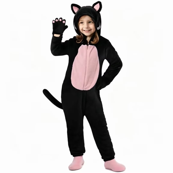 XXWXYD Cat Costum𝖾 for Girls, Girls Fuzzy Plush Jumpsuit With Ears Tail Gloves Halloween Costum𝖾s for Kids, Black Pajamas Animal Playsuit 4-12T