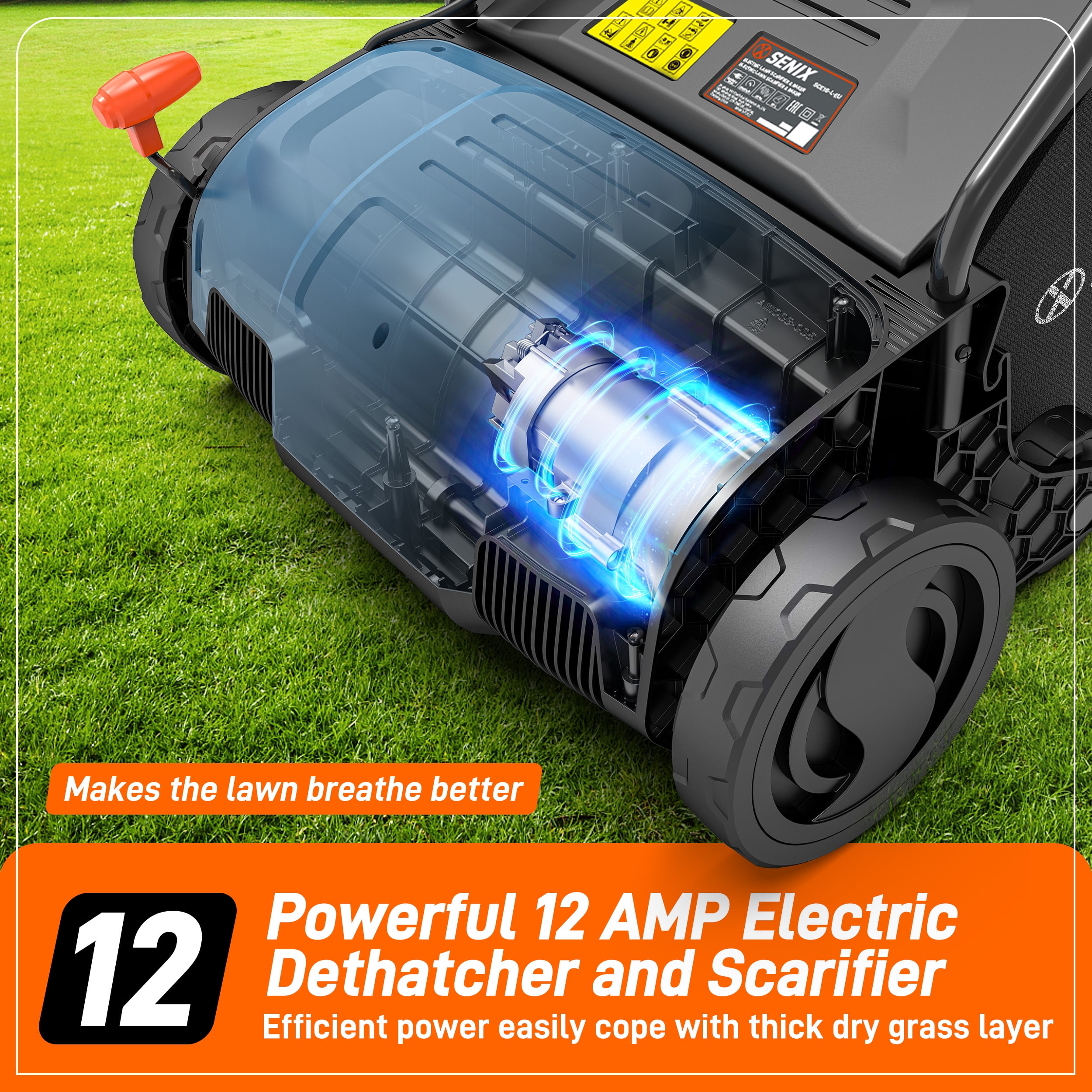 SENIX Corded Dethatcher/Scarifier 2 in 1, 12.6" 12Amp, 4-Position Adjustment with Collection Bag, SCE12-L1