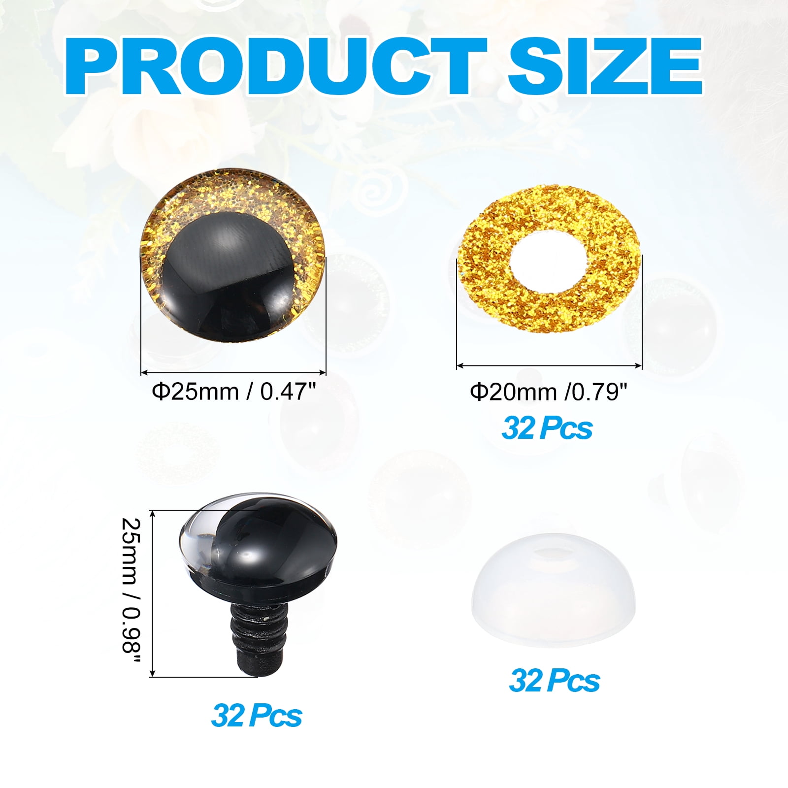 Uxcell 25mm Flash Safety Eyes, 34 Set Plastic Glitter Safety Eyes with Washers Soft Buttons Realistic Colorful Crocheting for Decor Crochet Accessories Dolls Craft, Gold