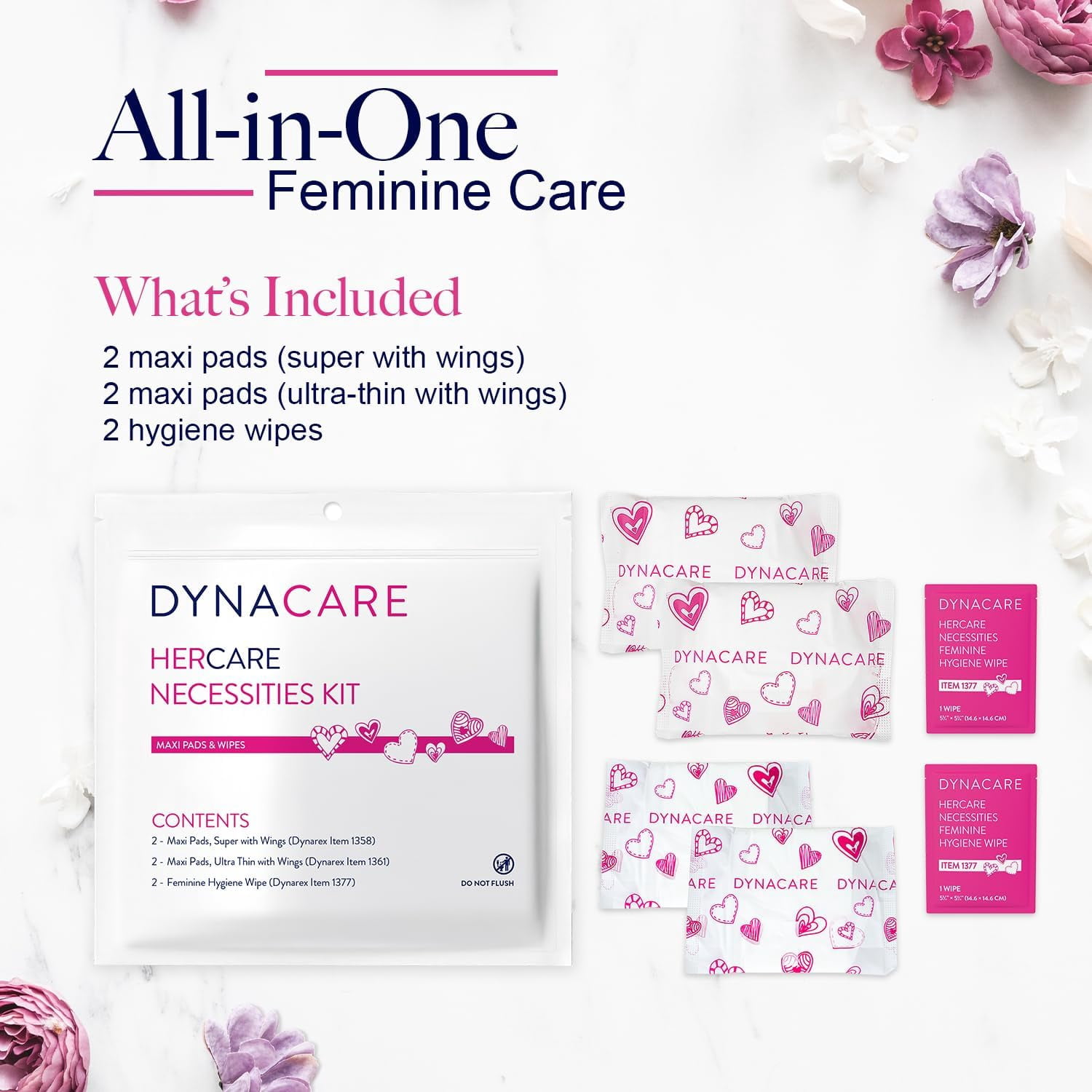 Dynarex HerCare Feminine Hygiene Period Travel Kit, Menstrual Kit with Maxi Pads and Wipes, 50 Count