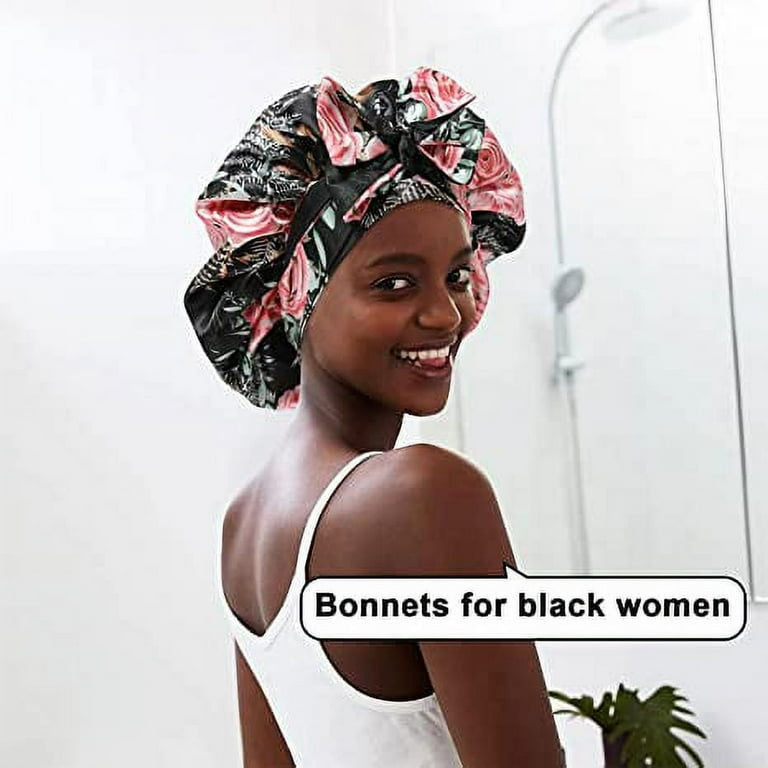 Satin Bonnet with Elastic Band for Curly Hair - Soft and Comfortable Sleep  Cap for Women - Natural Hair Care and Protection (Black and Wine Red) - Bat