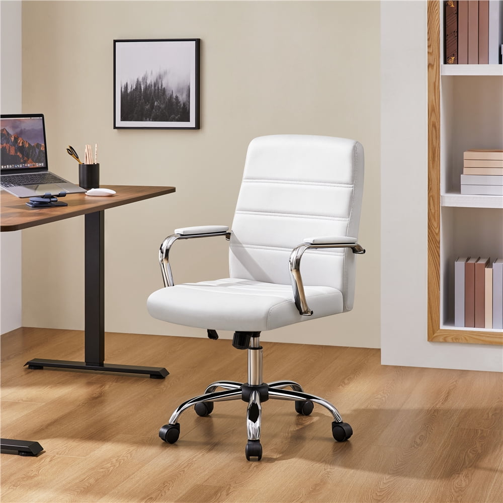 Yaheetech Mid-Back PU Leather Adjustable Office Chair with Arms, White