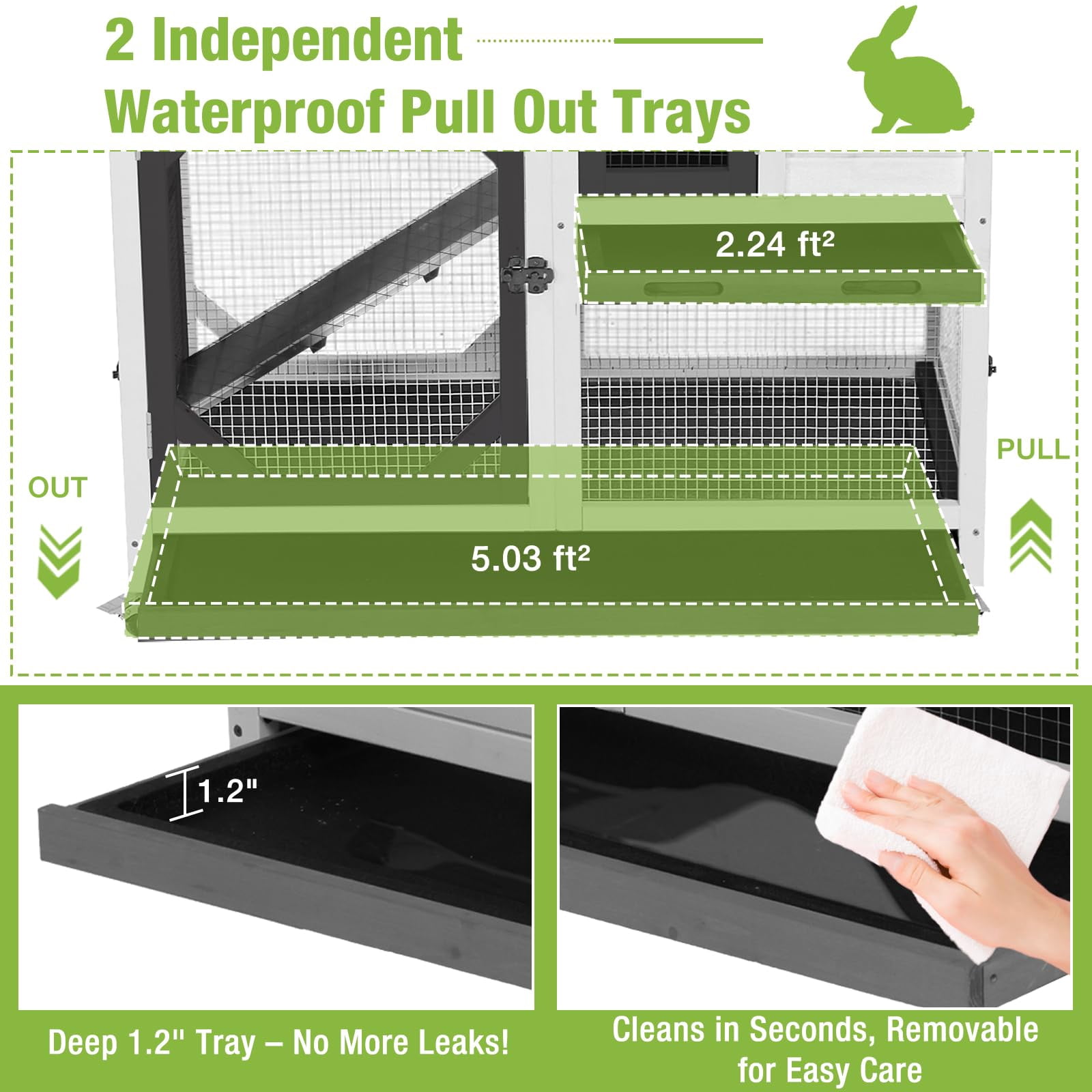 Aivituvin 2-Story Rabbit Hutch with Wheels, Indoor Outdoor Rabbit Cage with Ramp & Leak-Proof Trays for Rabbits, Guinea Pigs, Black&White