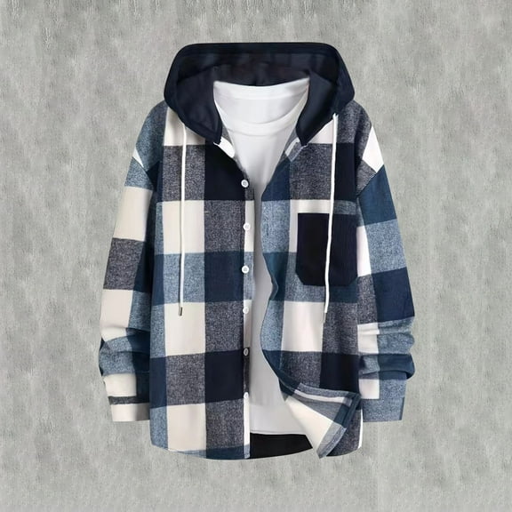 purcolt Man's Casual Flannel Plaid Hoodies Spring Fashion Button Down Shirts Long Sleeve Cute Lightweight Jacket Coats