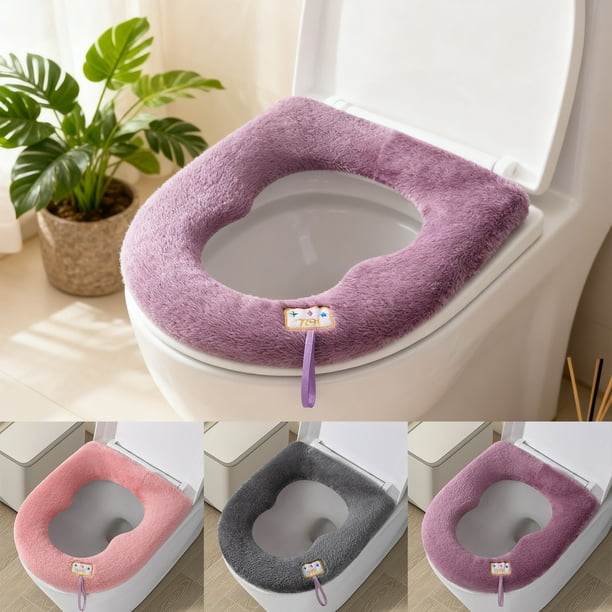 Cubierta de asiento de váter mullida en forma de calabaza • Tela de forro polar • Cálida y suave • Mango extraíble • Encaja en 42x37cm • Morado, gris, rosa • Comodidad para todo tipo • Fácil de