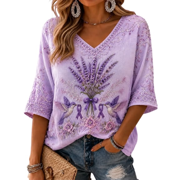 JULMCOMO Alzheimer's Awareness Shirts for Women Purple Floral Print V Neck 3/4 Sleeve Casual Comfy T Shirts Loose Fit Graphic Tees Pink S