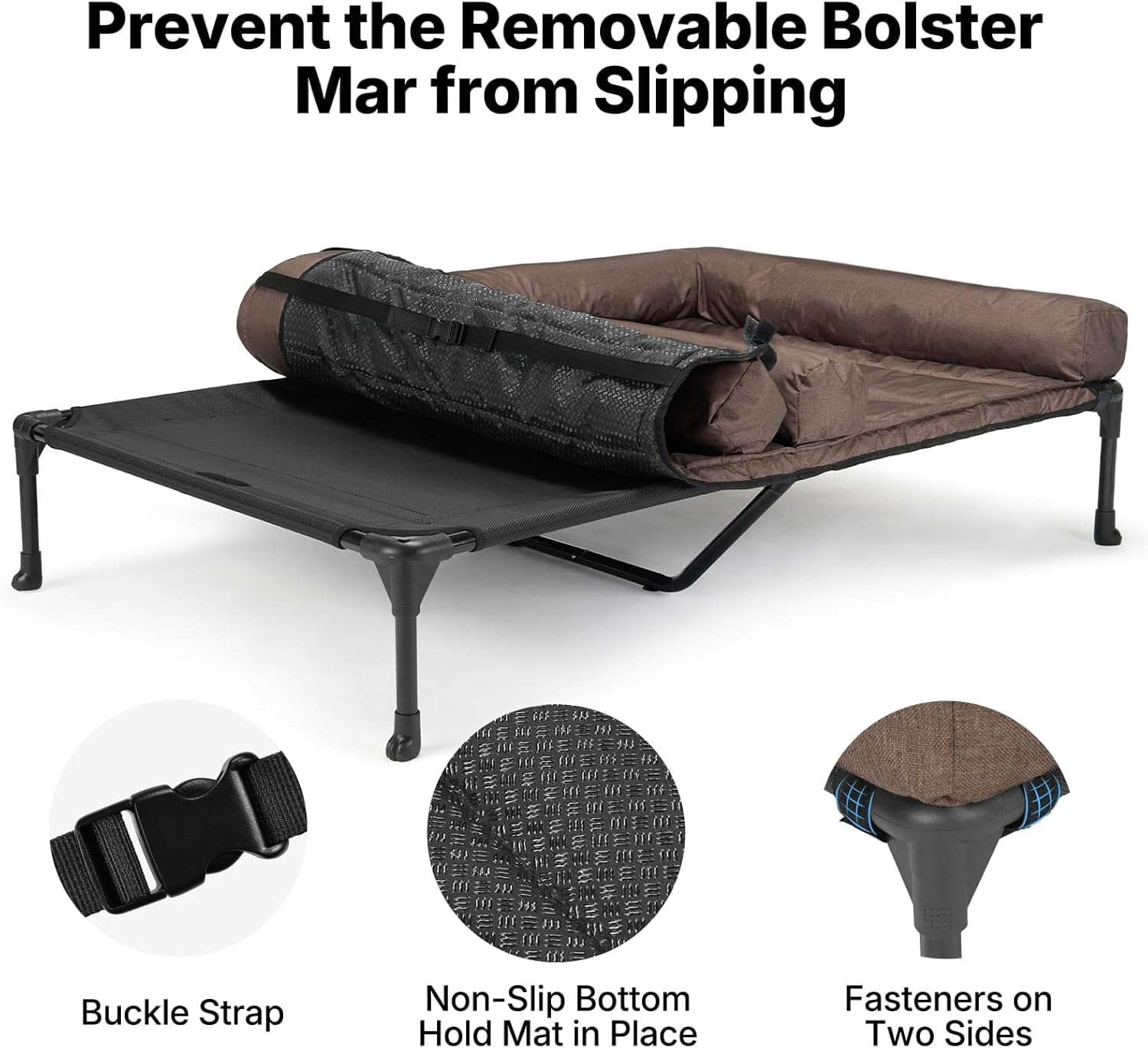 Elevated Dog Bed for Two Dogs, Cooling Raised Dog Bed with Removable Waterproof Bolster Mat, 53" x 37.5" Double Dog Bed, Outdoor & Indoor Pet Cot with Breathable Mesh, Non-Slip Feet, Brown