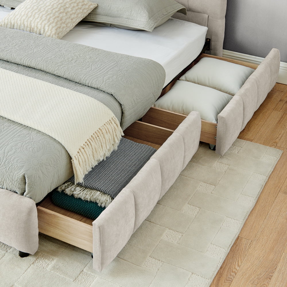 Hassch Platform Bed, King Size Modern Chenille Fabric Upholstered Grounded Bed Frame with Four Storage Drawers, Pink