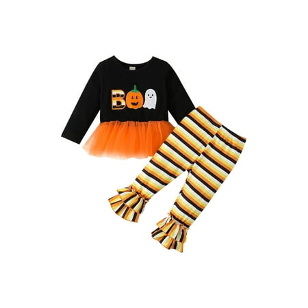 

aturustex 1-5T Halloween Toddler Baby Girl Clothes Pumpkin Long Sleeve Shirts Tulle Hem Pullover Top+ Flare Pants Outfit Set Fall Clothes
